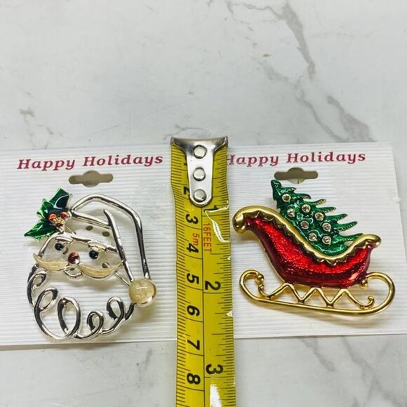 Vintage Enameled Christmas Santa's Sleigh and Santa Claus Brooch Set of 2 - Picture 4 of 4